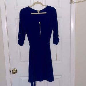 HAANI NAVY BLUE BELTED DRESS, 3/4 SLEEVES, ZIPPER FRONT
